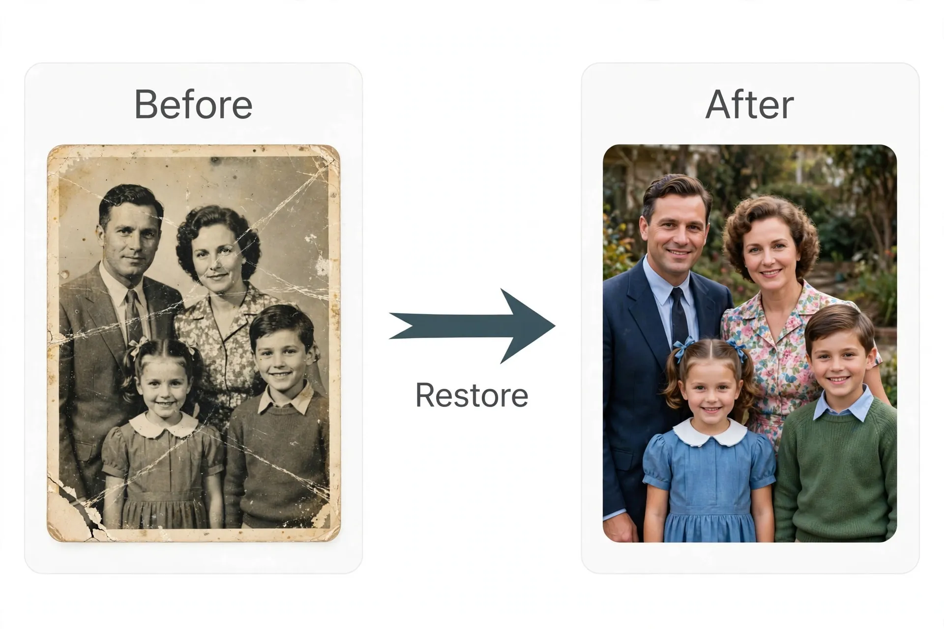 Old-photo restoration: a faded, damaged black-and-white photo restored and colorized into a clean color version