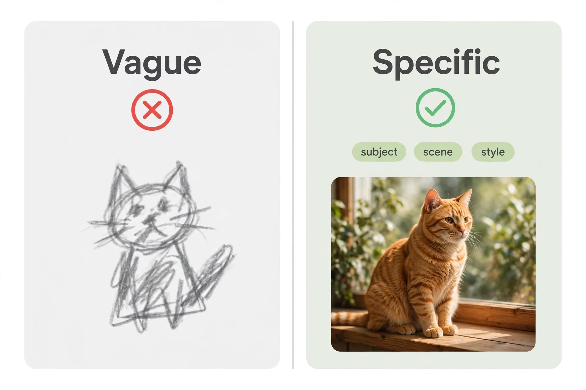 Prompt comparison: a vague description on the left only gets a rough sketch; giving subject, setting, and style on the right produces a usable image