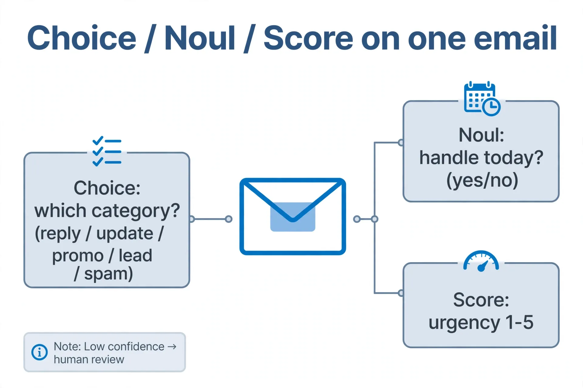 Jev 三原语在邮件分拣中的应用：Choice 选分类、Noul 判断是否需要处理、Score 打紧急分，低置信度转人工